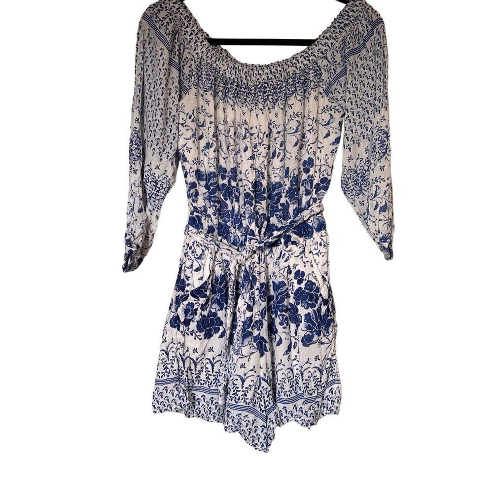 Anthropologie Clemente Romper Off Shoulder Belted Jumpsuit Blue & White Size XS